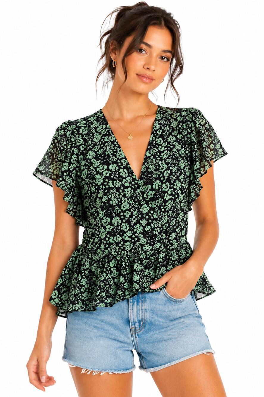 Madewell Green Floral Lurex Wrap Peplum Top Flutter Sleeve Size S